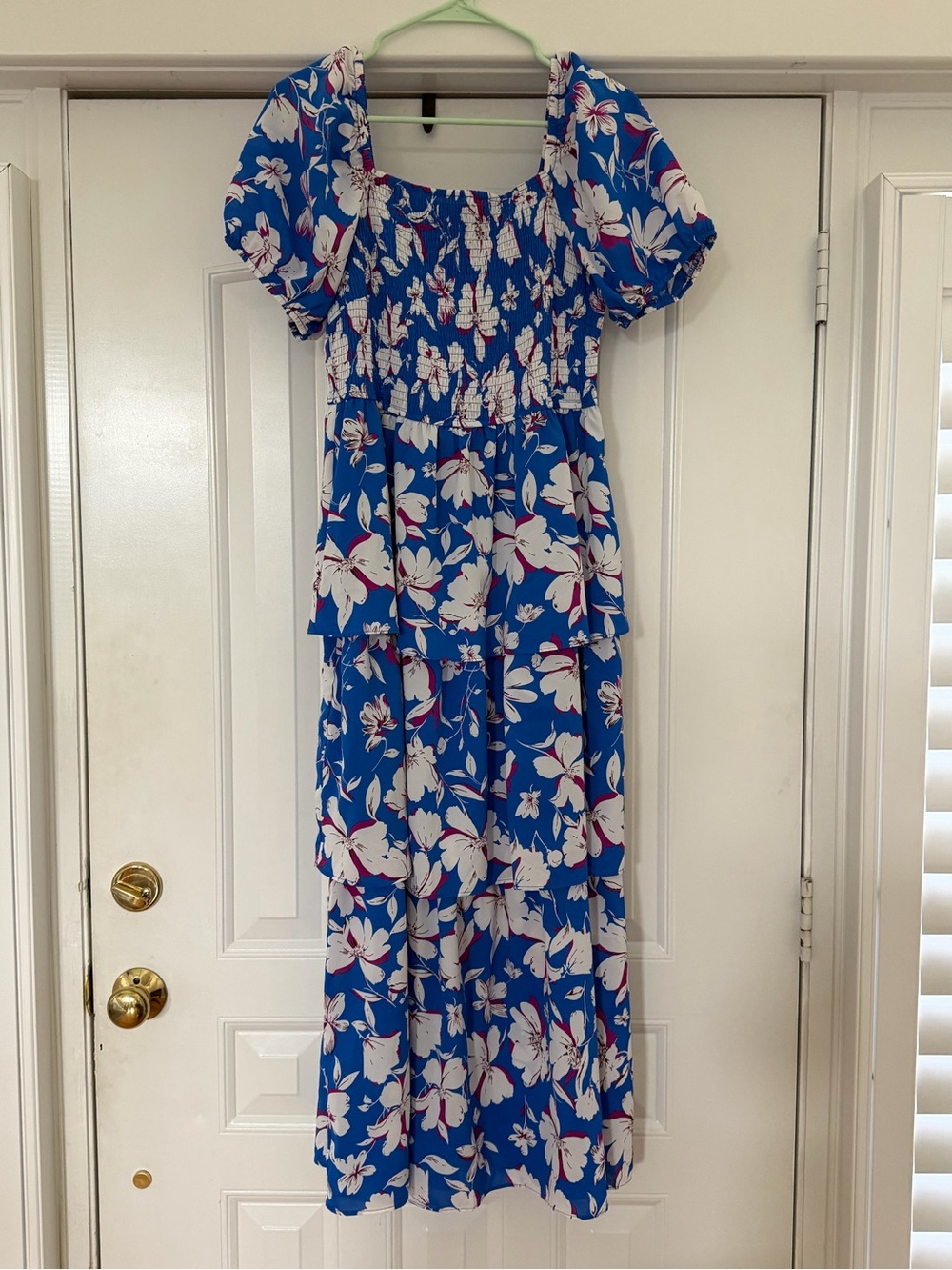Blue Floral Maxi Dress with Smocked Bodice